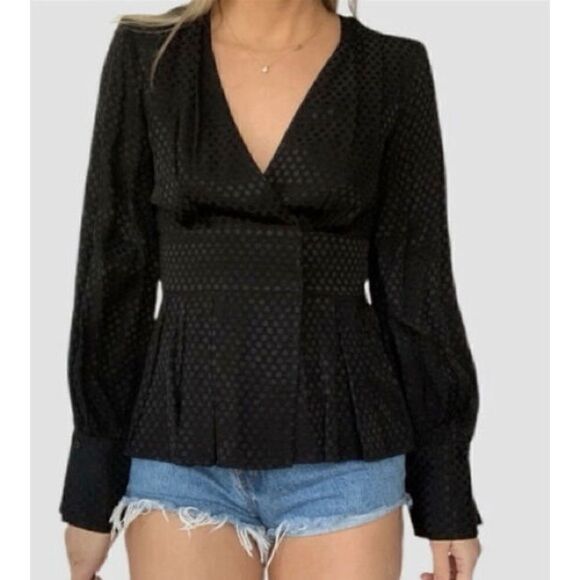 Something Navy Tops - Black Polka Dot V-Neck Long sleeve blouse